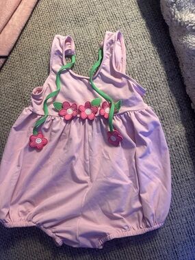 Pink Baby Bubble Romper Swimsuit with Flower AppliquésSize 4T